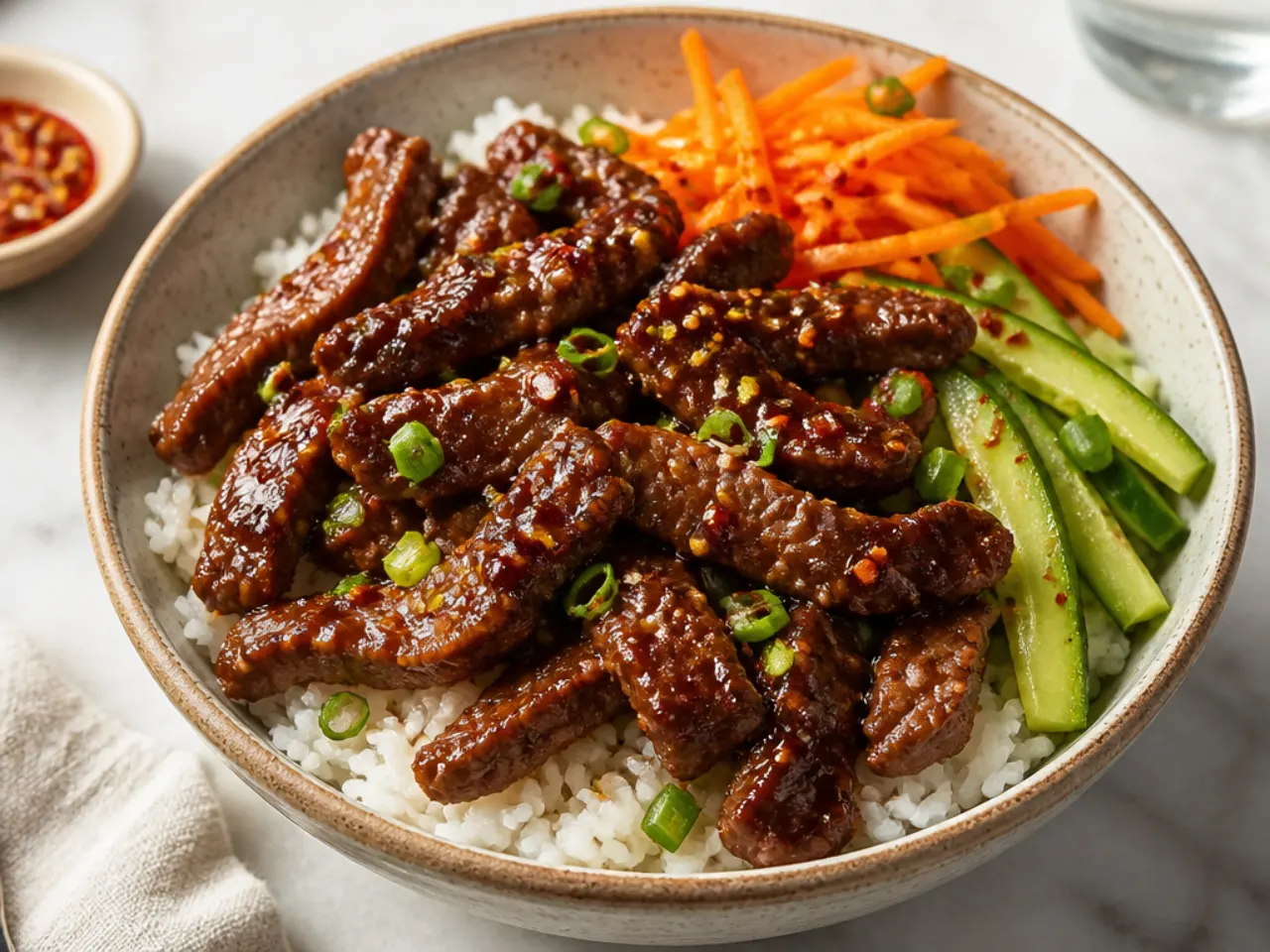 Bold honey sriracha Mongolian beef bowl with a glossy sticky glaze