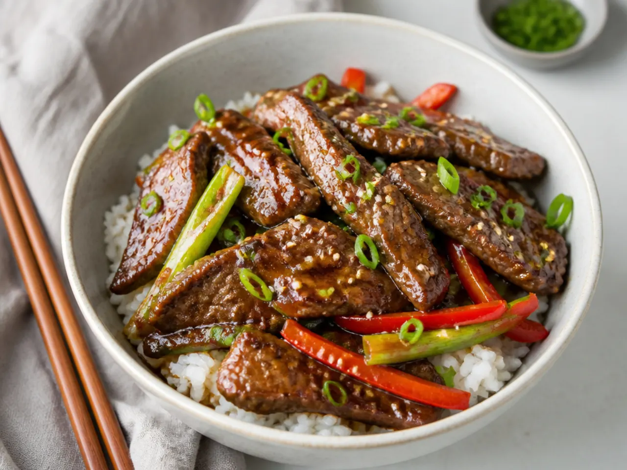 Five-spice sirloin Mongolian beef bowl with tender seared steak strips