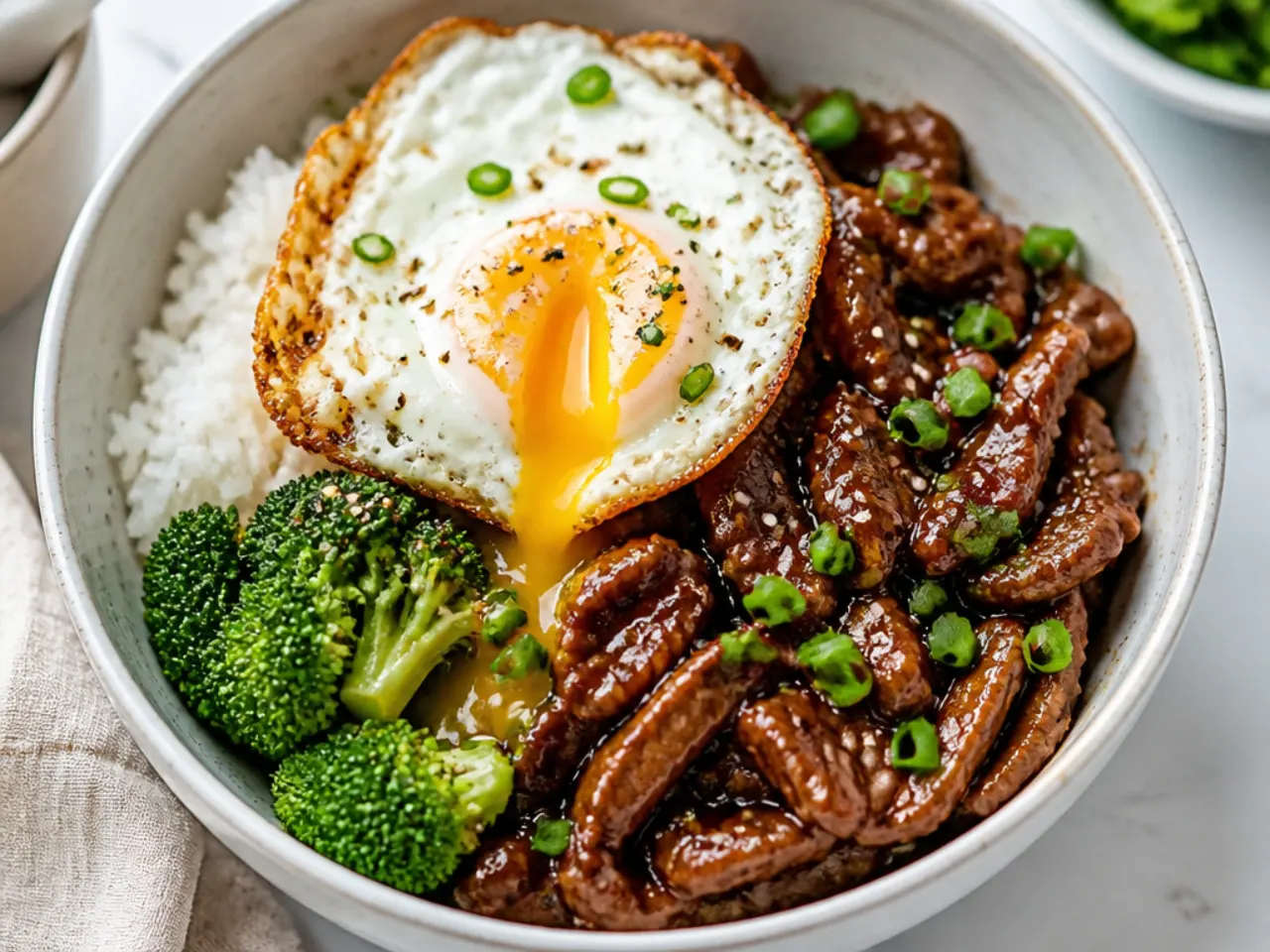 Mongolian beef brunch bowl topped with a crispy fried egg and runny yolk