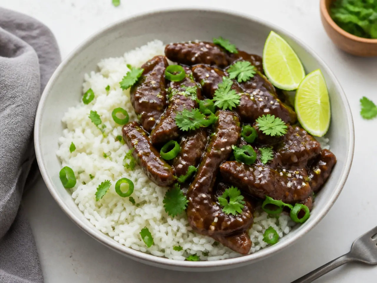 Mongolian beef bowl served over creamy coconut jasmine rice with lime and coriander