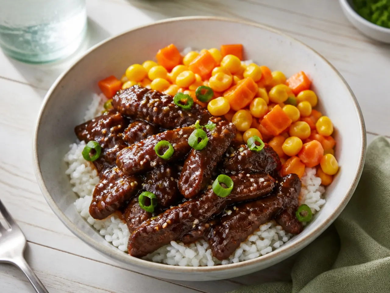Family-friendly Mongolian beef bowl with sweetcorn and carrots for kids