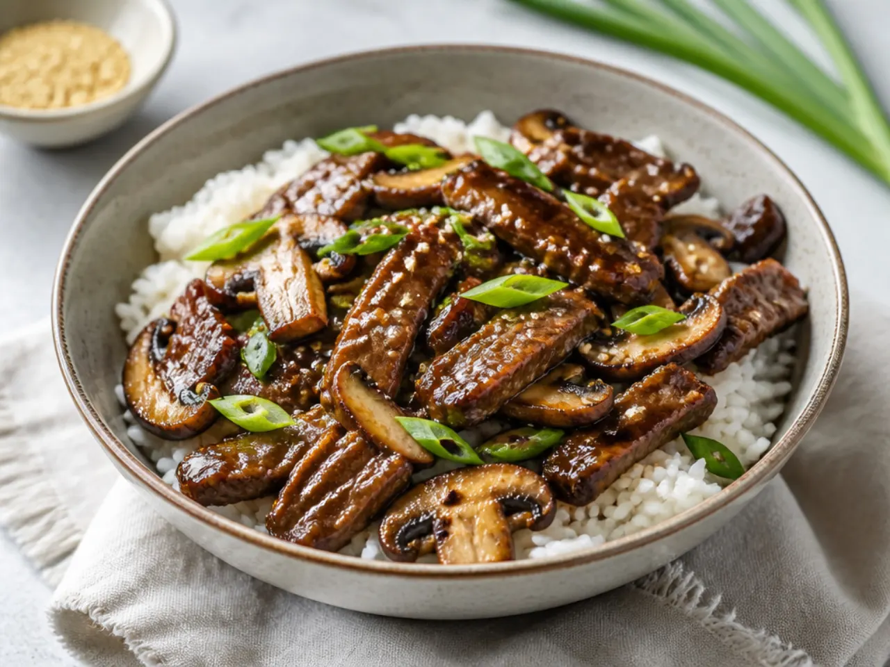 Rustic Mongolian beef bowl with seared shiitake mushrooms and spring onions