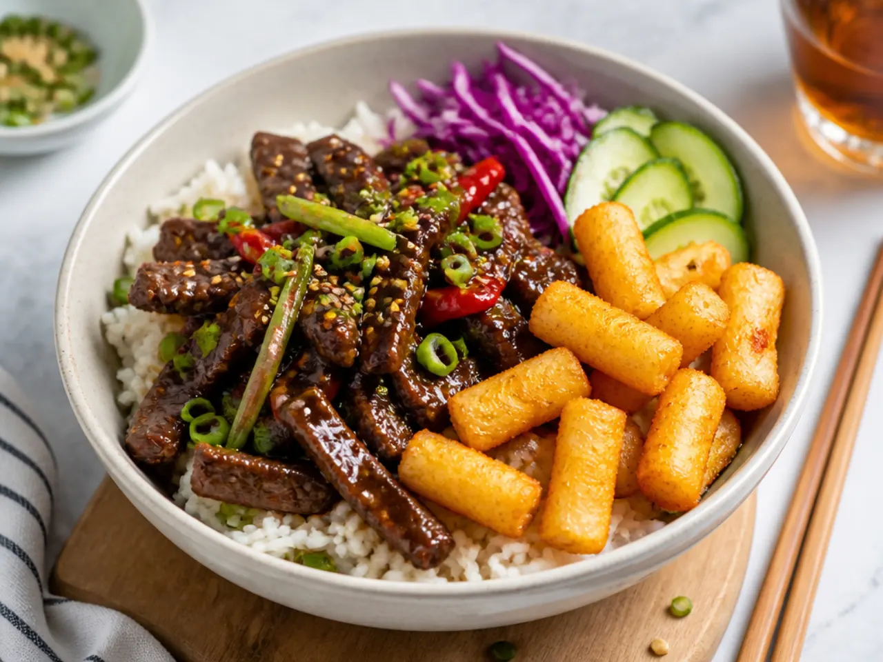 Creative Mongolian beef bowl with golden crispy fried rice cakes