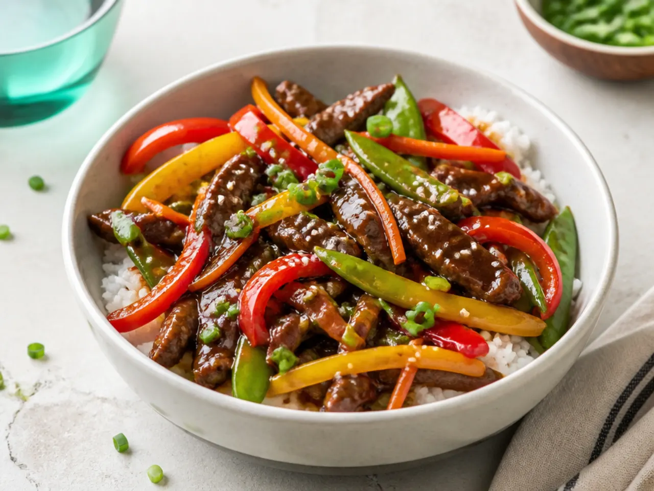 Colorful rainbow vegetable Mongolian beef bowl with peppers, carrots and snap peas