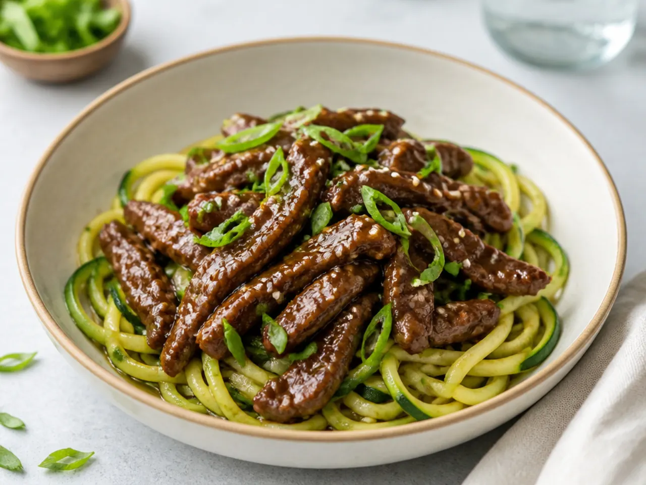 Light Mongolian beef bowl served over sautéed courgette noodles