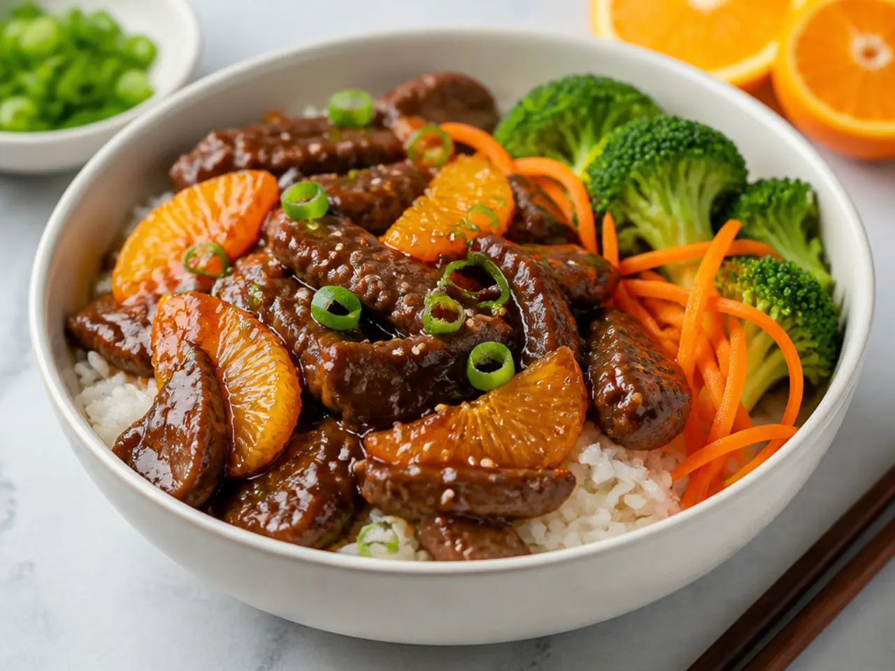 Sticky orange Mongolian beef bowl with citrus-glazed crispy beef