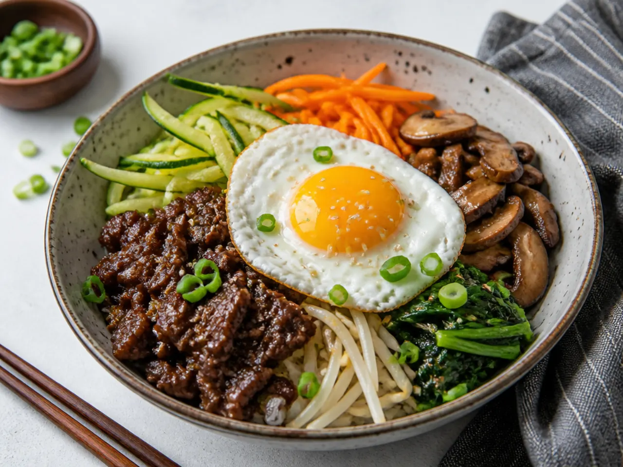 Bibimbap-style Mongolian beef bowl with separate vegetable piles and fried egg