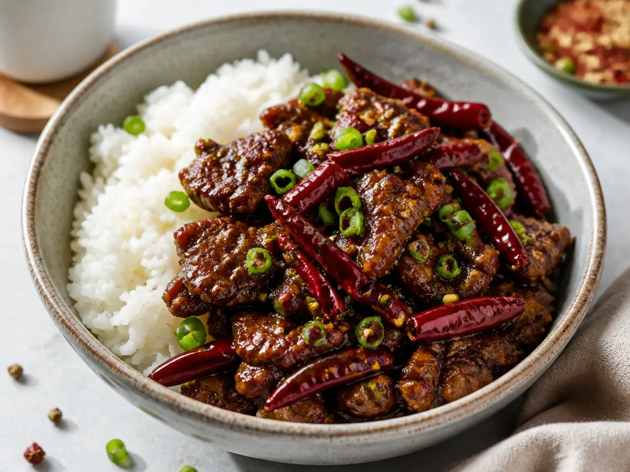 Bold Szechuan-style Mongolian beef bowl with dried red chillies and peppercorns