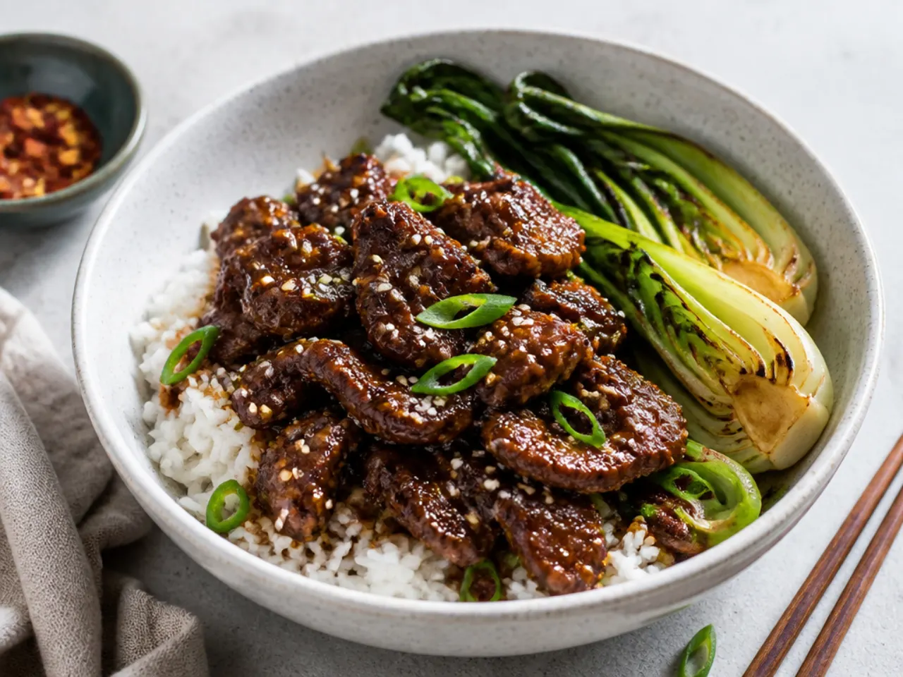 Delicate Mongolian beef bowl with charred pak choi halves and sesame oil