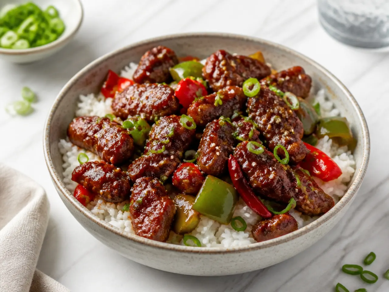 Retro crispy chilli beef bowl with crunchy double-coated beef strips over rice