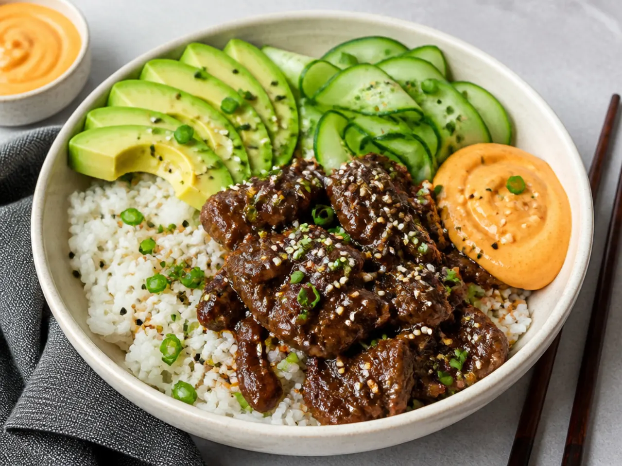 Mongolian beef sushi bowl with seasoned rice, avocado, cucumber and sriracha mayo