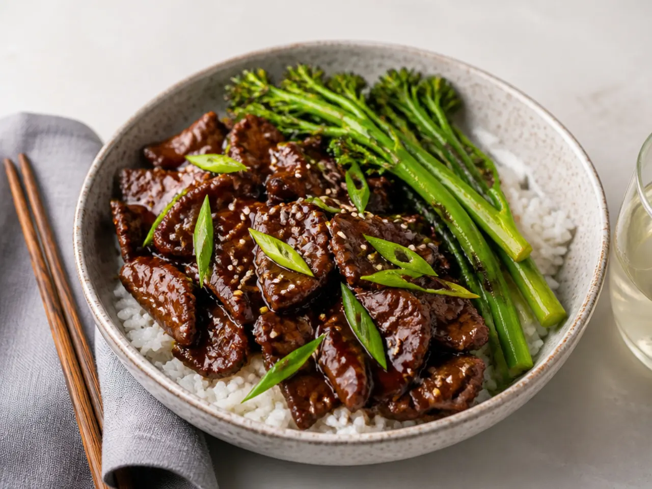 Charming date-night Mongolian beef bowl with glossy garlic butter glaze and tenderstem broccoli