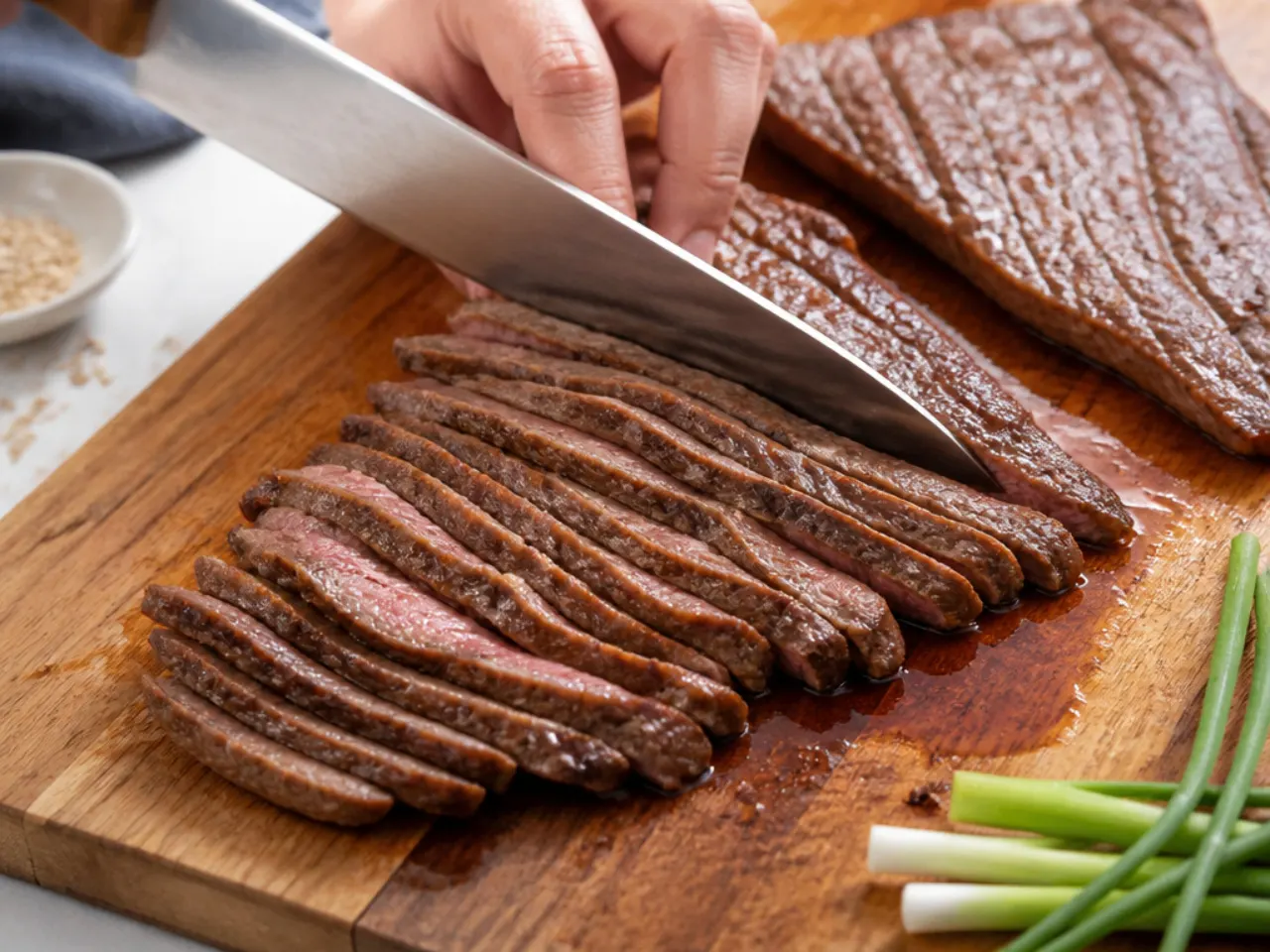 Thin flank steak slices being cut against the grain for a Mongolian beef bowl