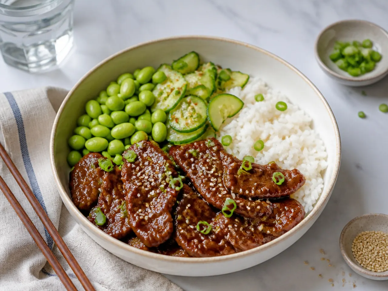 Mongolian beef bowl dinner served with cucumber salad, edamame and jasmine rice