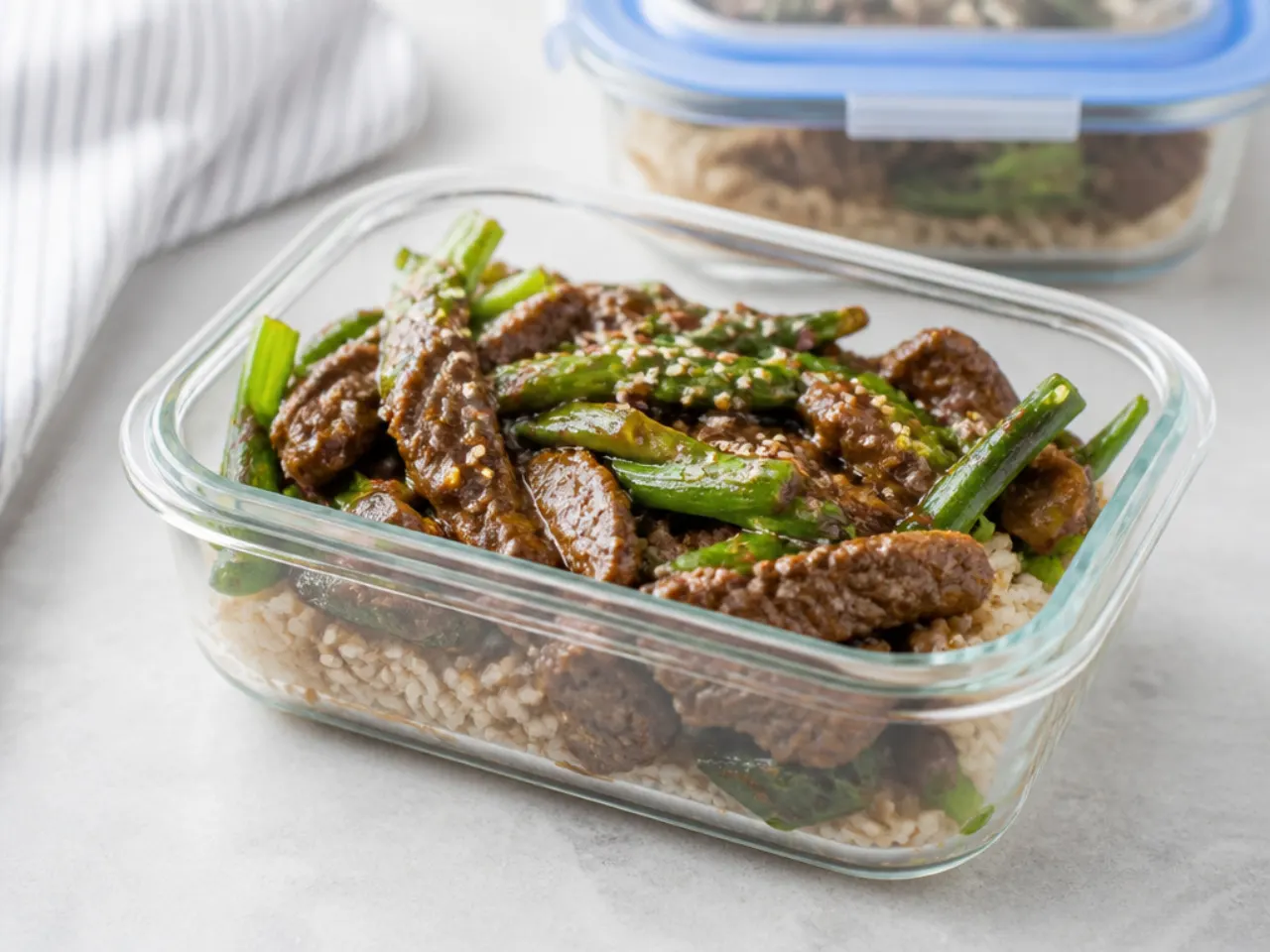 Mongolian beef bowl leftovers stored in airtight glass meal prep containers