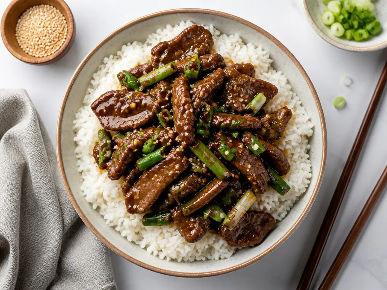 Overhead spread of Mongolian beef ideas with crispy beef strips and scallions over rice