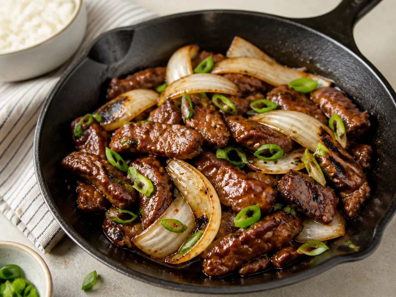 mongolian beef ideas — rustic cast-iron mongolian beef with charred onions
