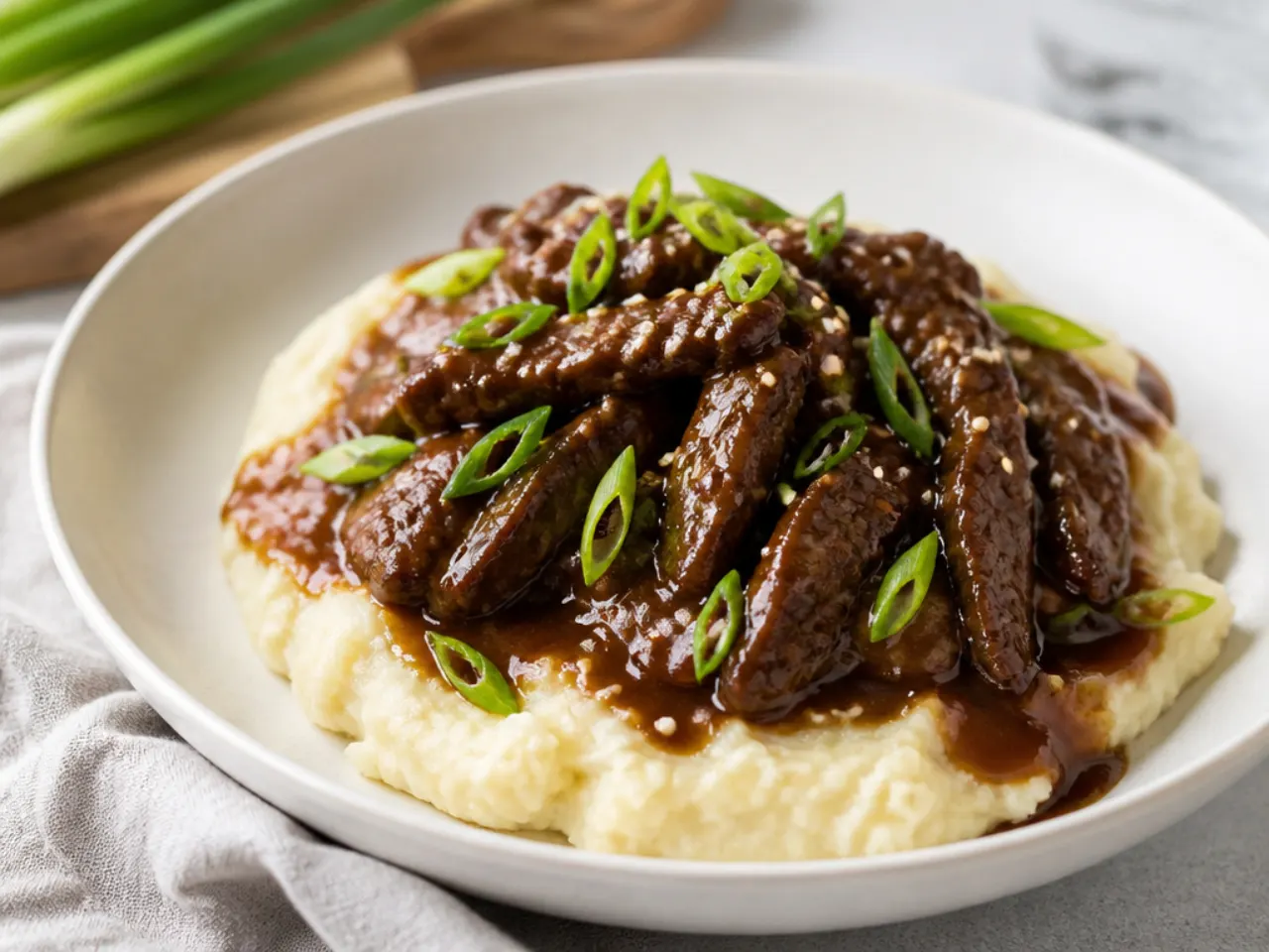 mongolian beef ideas — elegant mongolian beef over garlic mashed potatoes