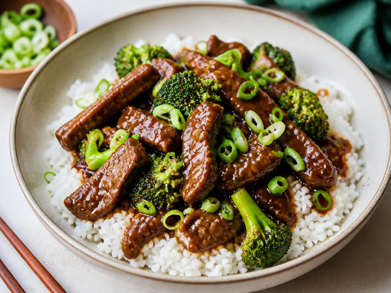 Mongolian beef served over steamed rice with broccoli and scallions as serving idea