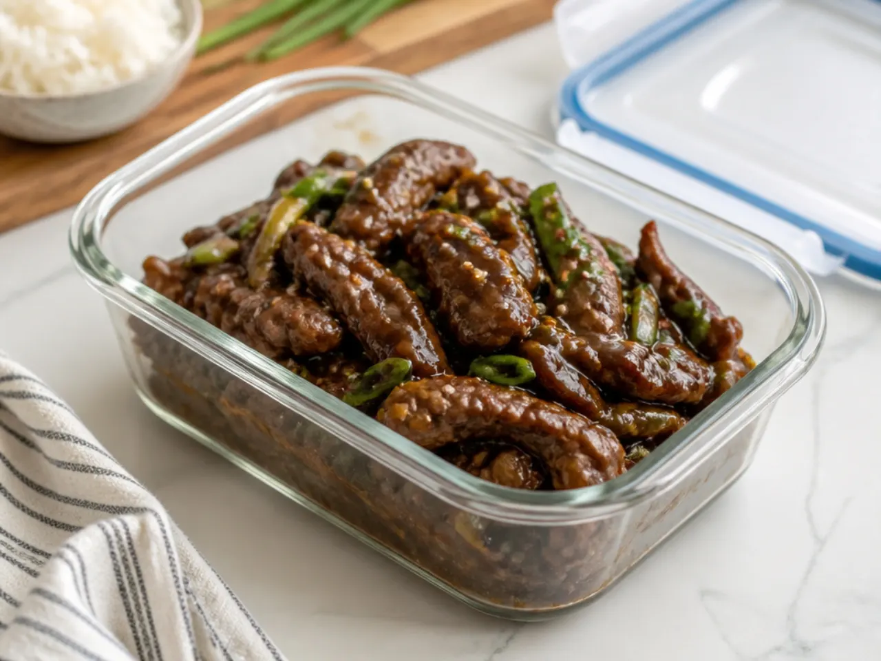 Mongolian beef leftovers stored in an airtight glass container ready to reheat