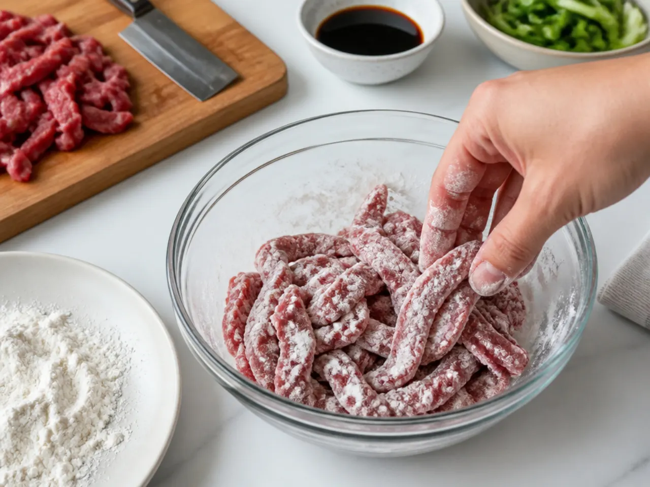 mongolian beef meal prep — step 1: slice and dredge the beef