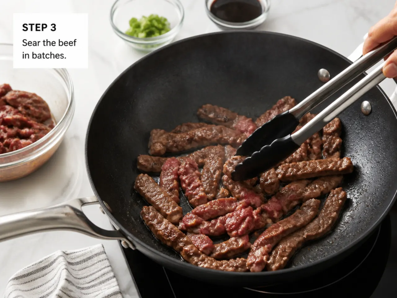 mongolian beef meal prep — step 3: sear the beef in batches