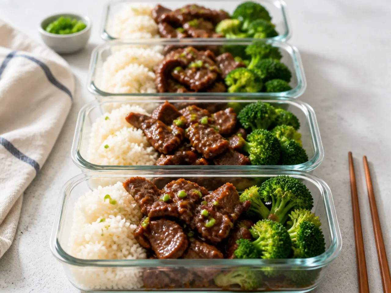 Meal prep containers filled with Mongolian beef, rice, and broccoli lined up for the week