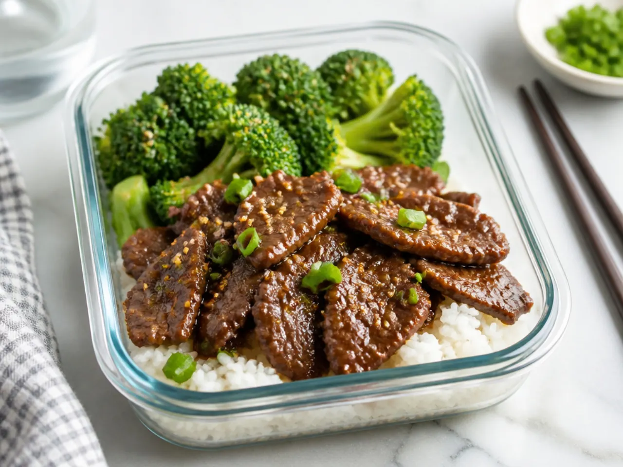 Classic Mongolian beef meal prep with sliced flank steak over jasmine rice and steamed broccoli
