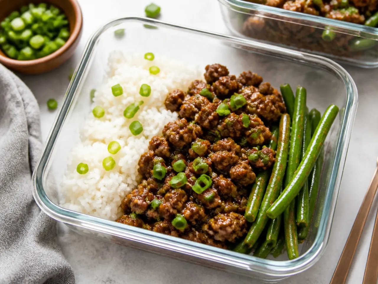 Easy ground beef Mongolian meal prep bowls with rice and green beans