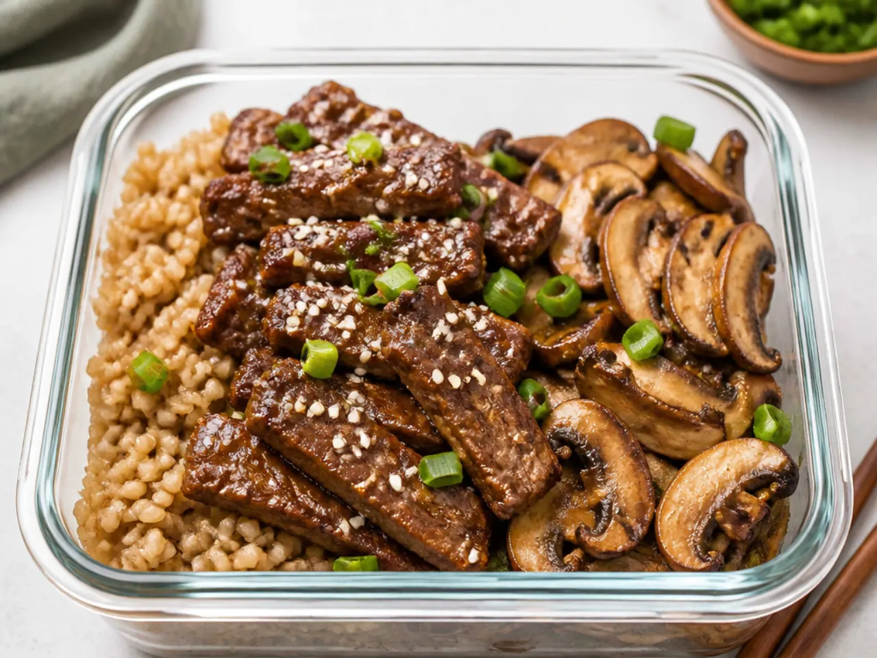 Elegant Mongolian beef grain bowl meal prep with farro and seared shiitake mushrooms