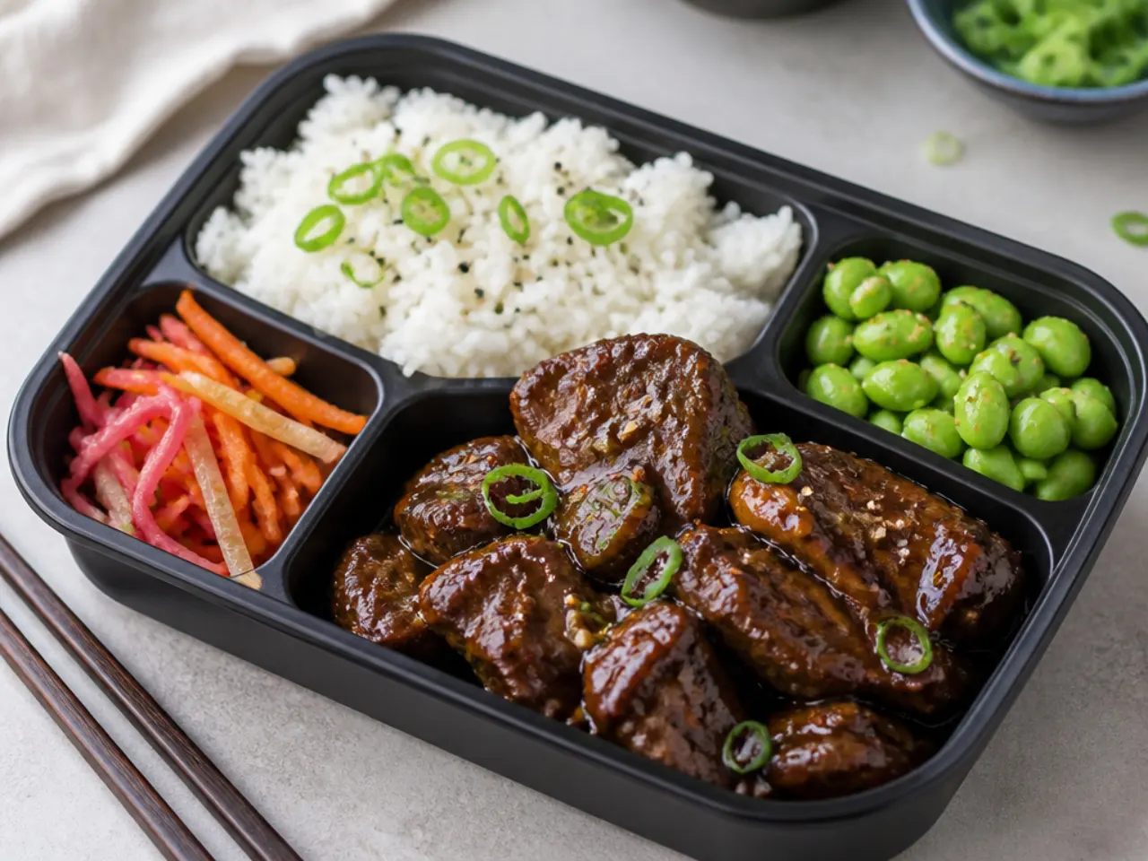 Playful Mongolian beef bento box meal prep with rice, edamame, and pickled vegetables