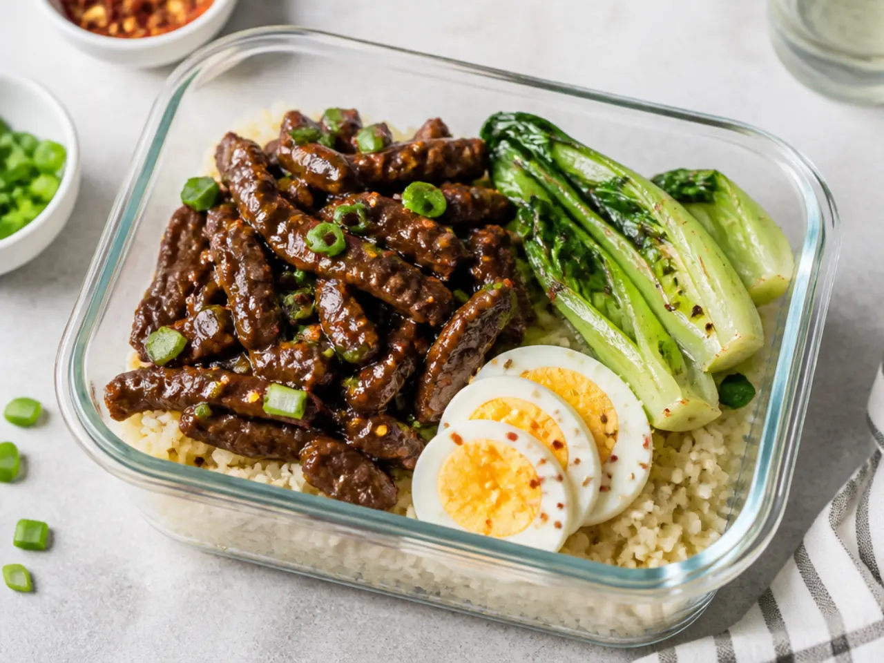 Low-carb Mongolian beef meal prep bowl over cauliflower rice with bok choy and egg