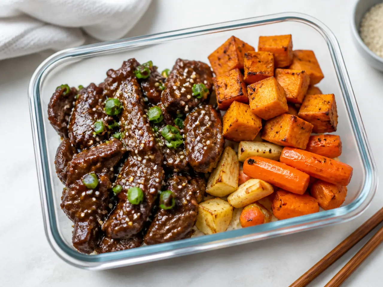 Rustic Mongolian beef meal prep with roasted sweet potato, carrots, and parsnips