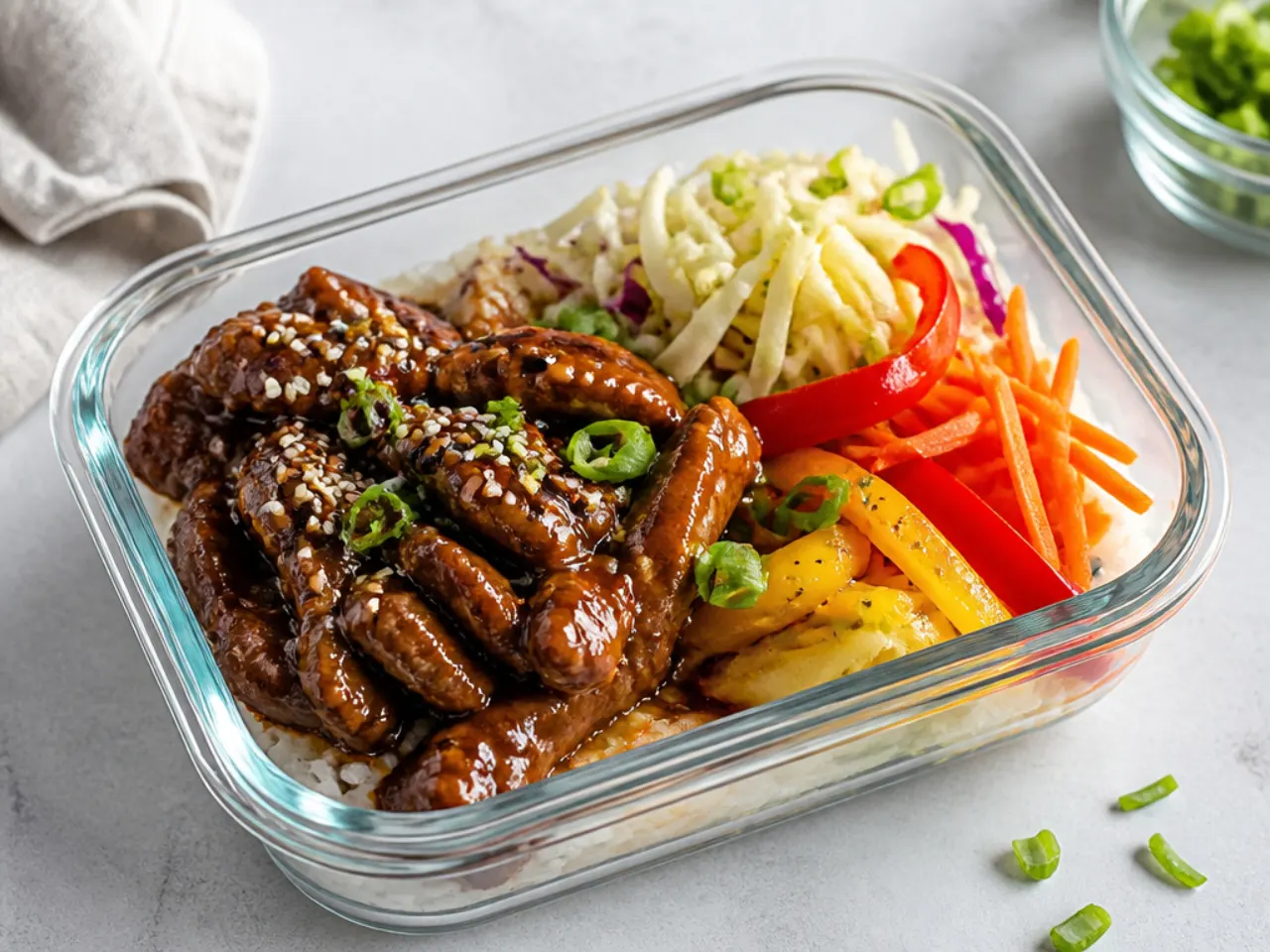 Colorful rainbow veggie Mongolian beef meal prep bowl with cabbage, pepper, and carrot