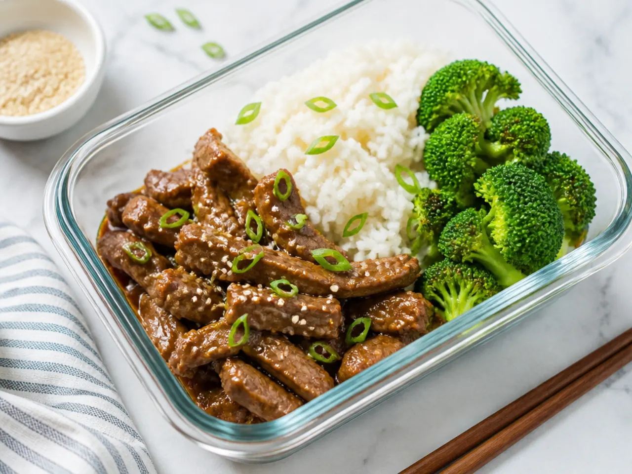 Minimal Mongolian beef meal prep with white rice and steamed broccoli in a container
