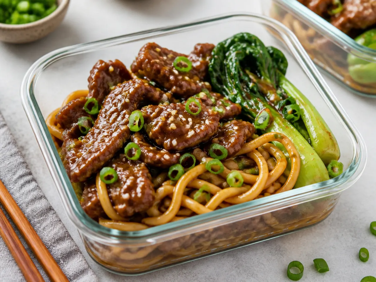 Festive Mongolian beef meal prep noodle box with long udon noodles and bok choy
