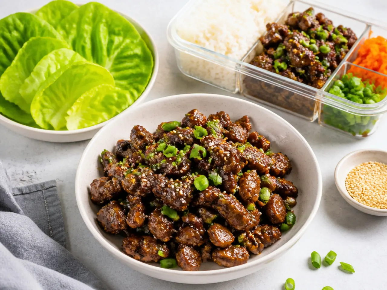 Mongolian beef lettuce wrap meal prep components with crisp lettuce cups and toppings