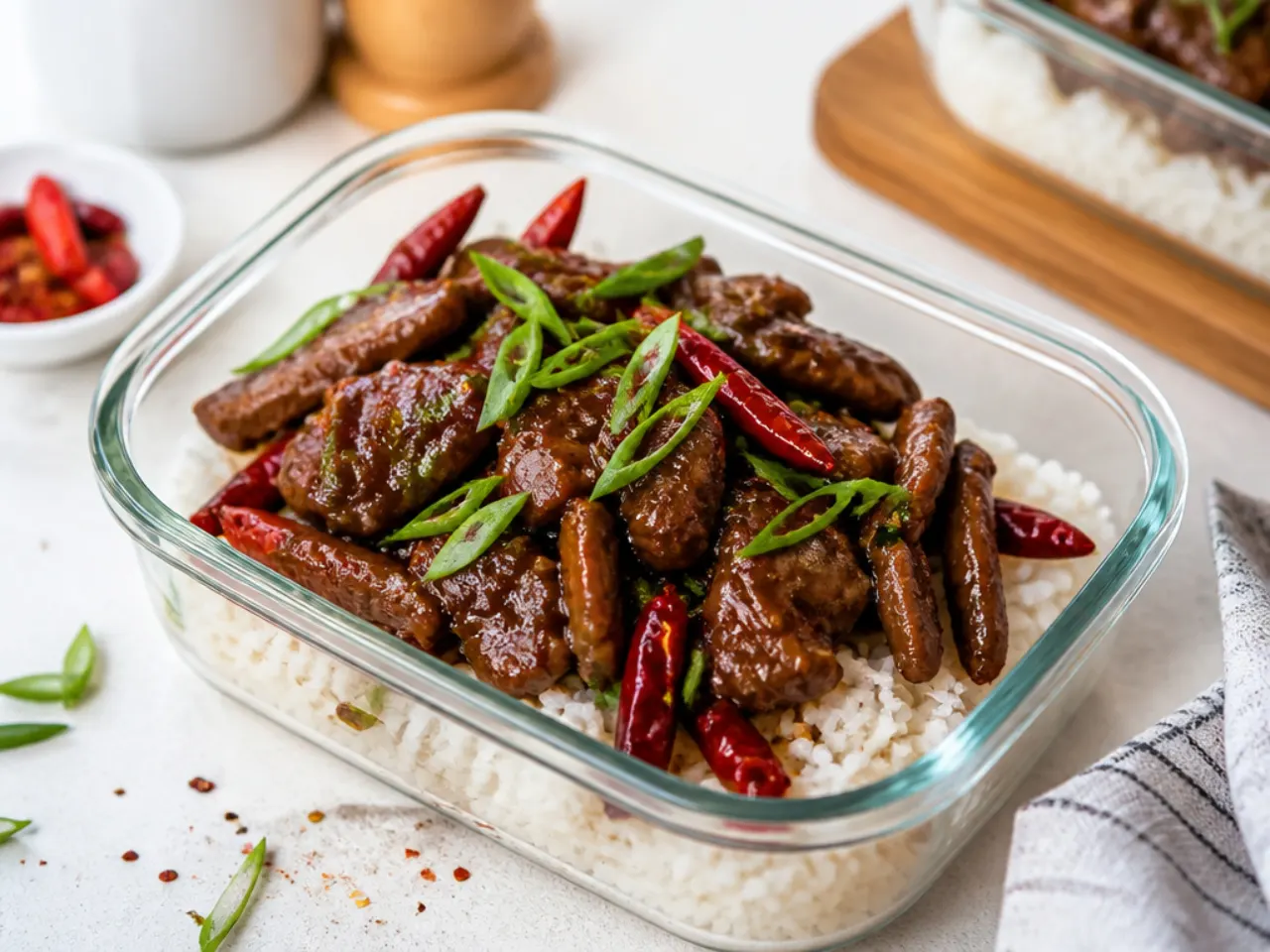 Bold spicy Szechuan-style Mongolian beef meal prep with dried chilies over rice