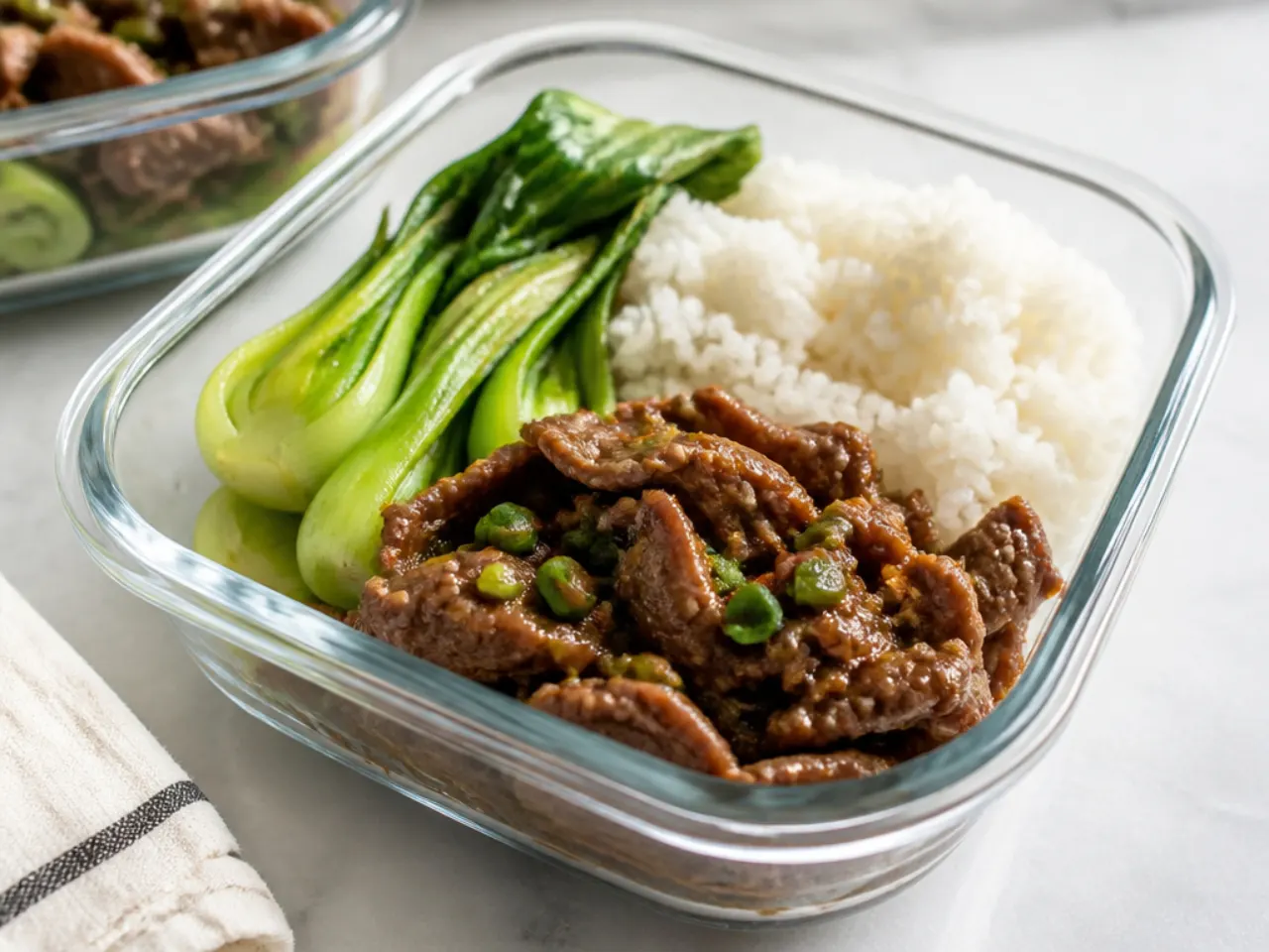 Delicate steamed Mongolian beef meal prep bowl with baby bok choy and short-grain rice