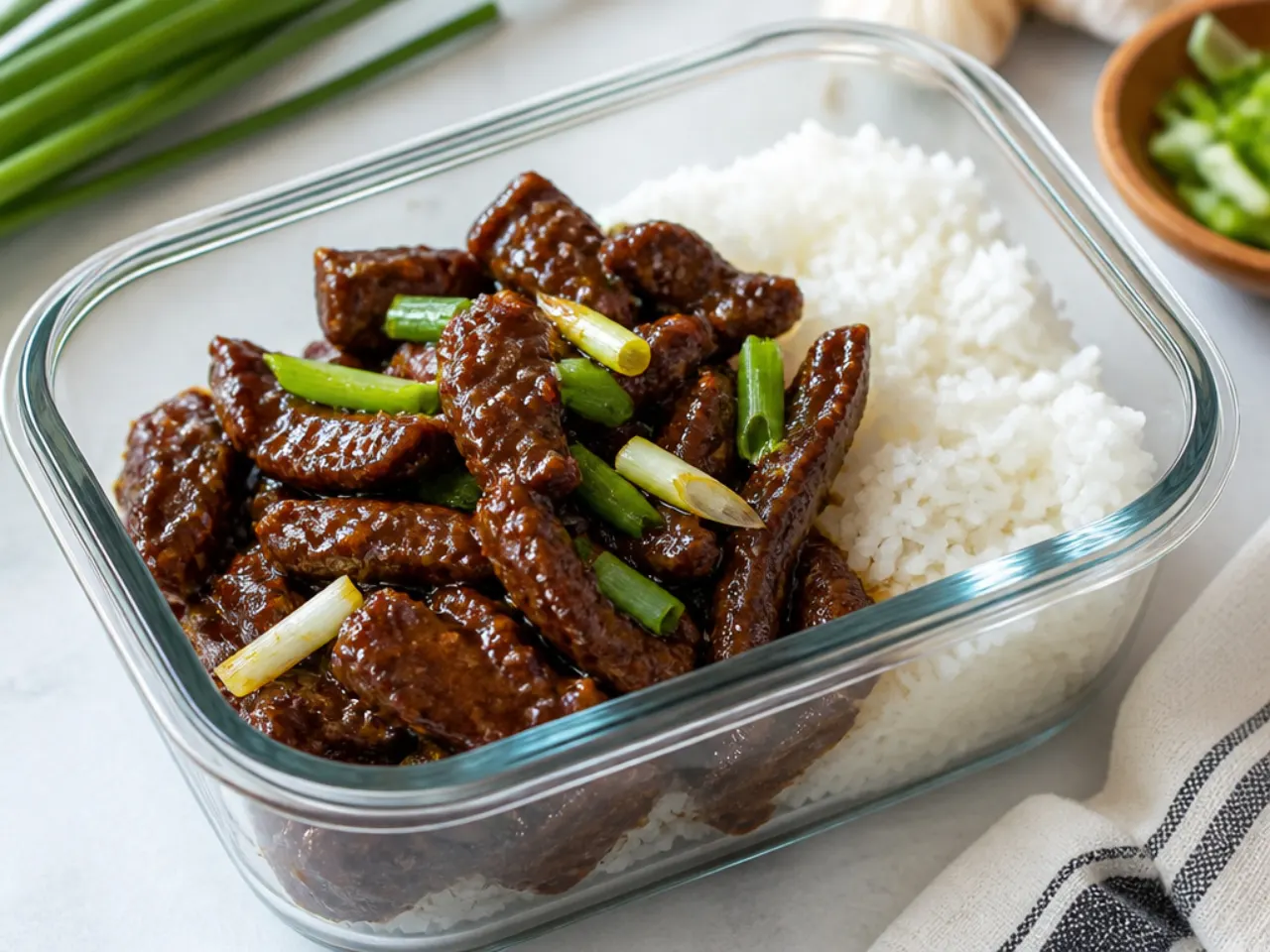 Vintage PF Chang-style Mongolian beef meal prep with crispy beef and scallions over rice