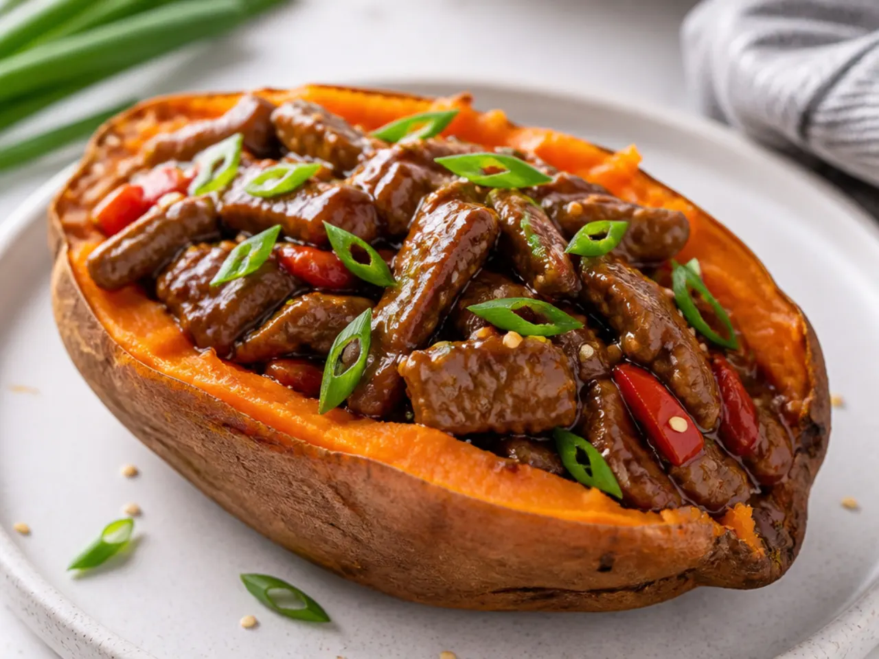 Creative Mongolian beef meal prep stuffed into a roasted sweet potato with scallions