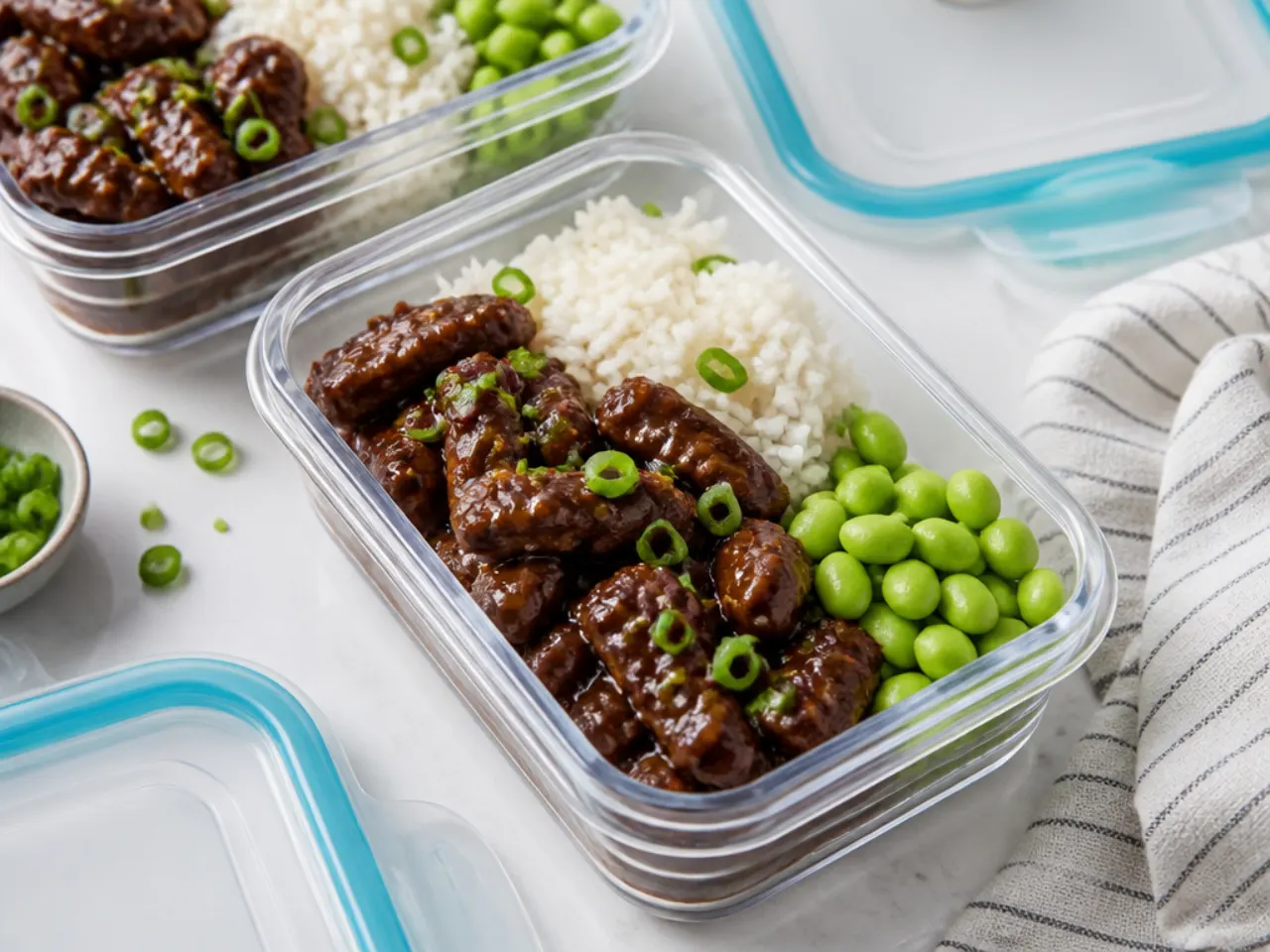 Freezer-ready Mongolian beef meal prep containers with rice and edamame ready to freeze