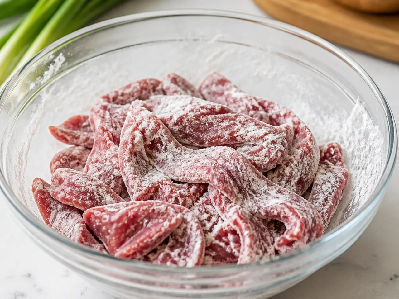 Pro tips for tender Mongolian beef meal prep showing sliced flank steak dredged in cornstarch