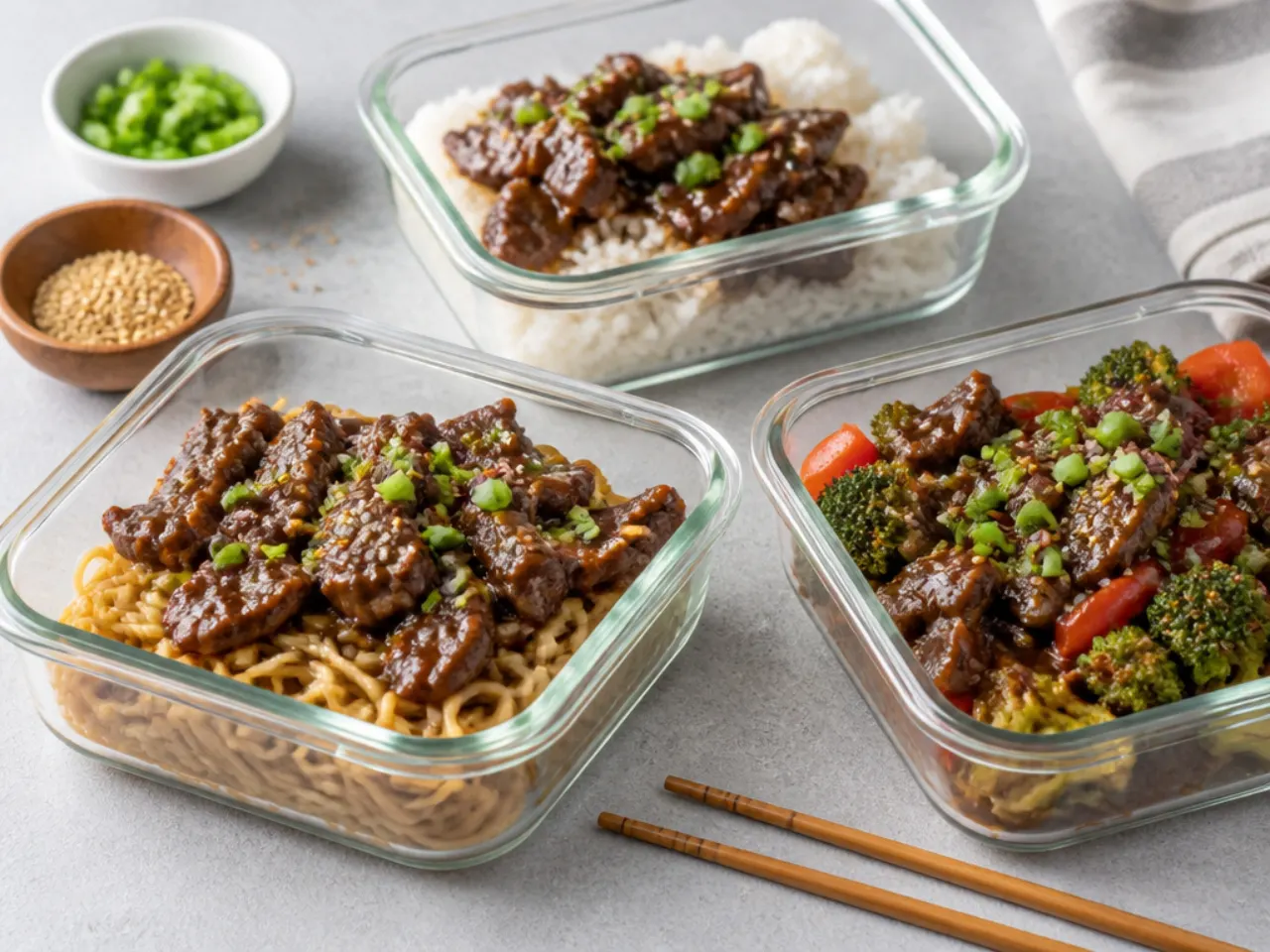 Mongolian beef meal prep serving suggestions with rice, noodles, and fresh garnishes