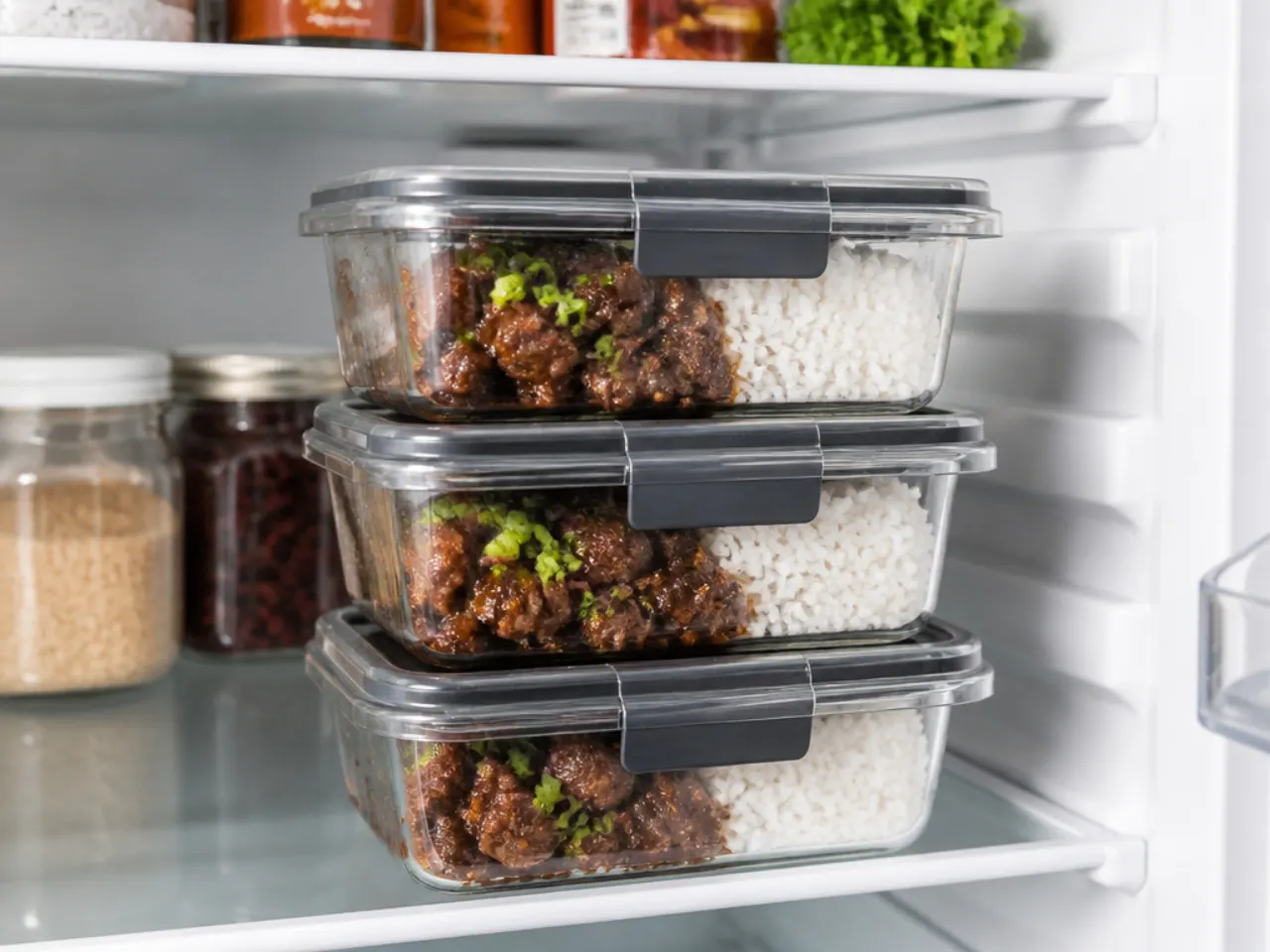 Storing and reheating Mongolian beef meal prep in airtight containers in the fridge