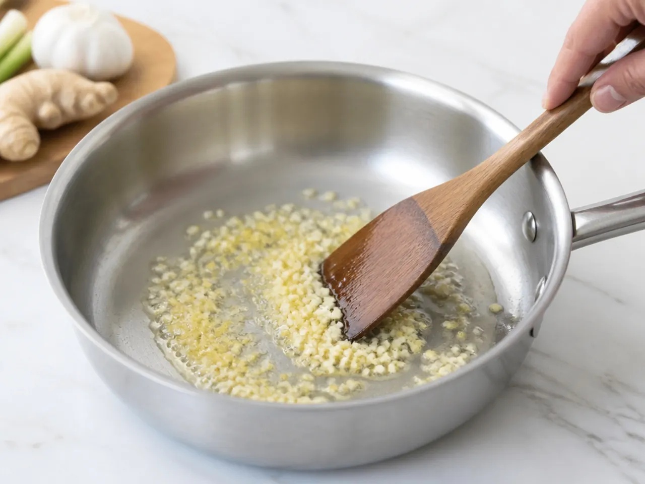 mongolian beef sauce — step 2: bloom the garlic and ginger