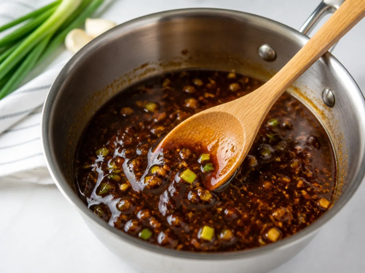 Glossy homemade Mongolian beef sauce being stirred in a saucepan with garlic, ginger and scallions