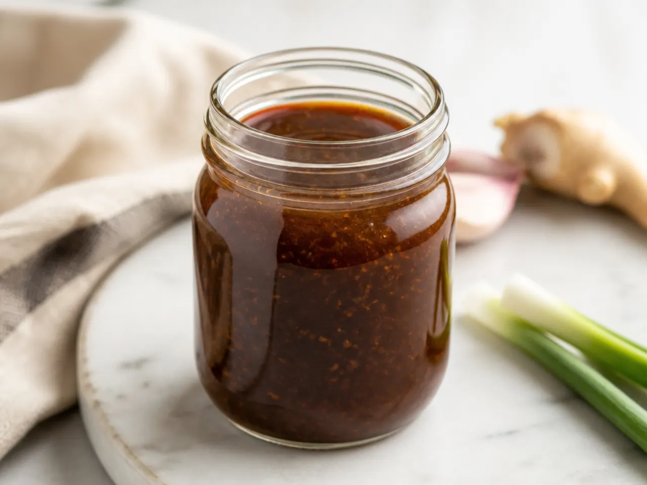 Mongolian beef sauce stored in a glass jar for make-ahead meal prep