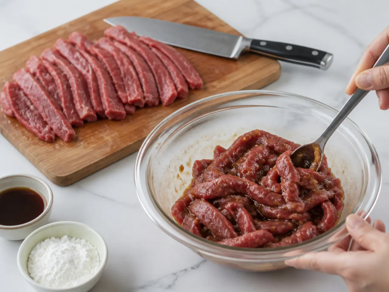 mongolian beef stir fry — step 1: slice and coat the beef