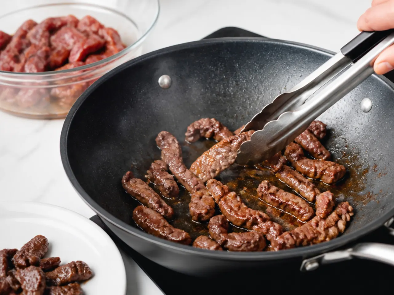 mongolian beef stir fry — step 3: sear the beef in batches